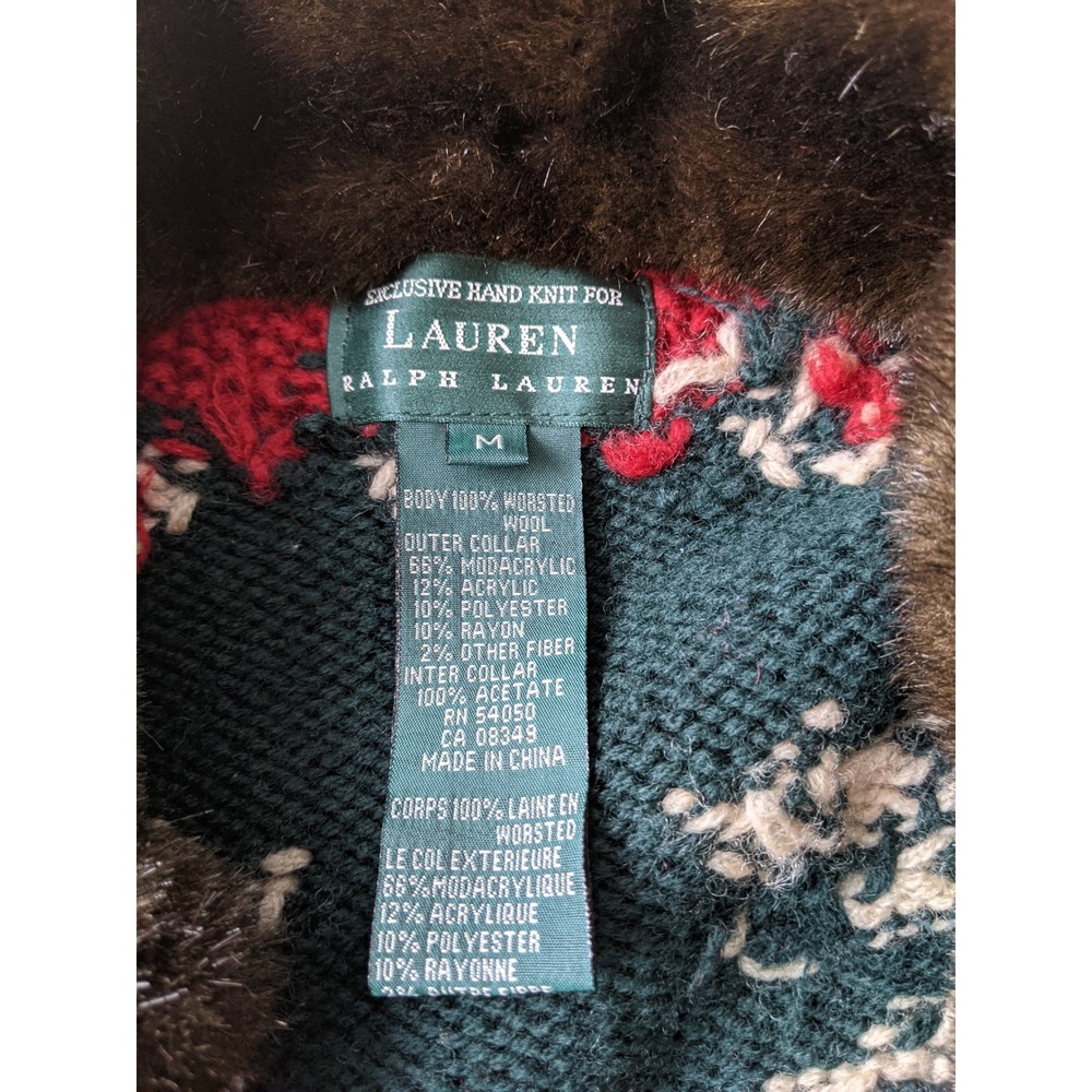 Lauren Ralph Lauren Hand Knit Wool Reindeer Faux Fur Zip Cardigan Green Red M - Picture 5 of 8